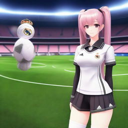 A realistic depiction of anime character Krul Tepes wearing a Real Madrid football uniform, including the shirt and shorts