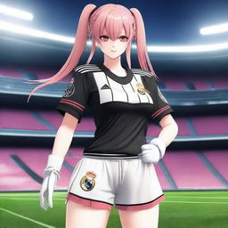 A realistic depiction of anime character Krul Tepes wearing a Real Madrid football uniform, including the shirt and shorts