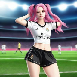 A realistic depiction of Krul Tepes wearing a Real Madrid football jersey and shorts