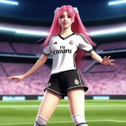 A realistic depiction of Krul Tepes wearing a Real Madrid football jersey and shorts