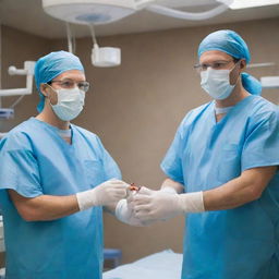 Two vascular surgeons, fully dressed in sterile surgical attire, in a state-of-the-art operating room, meticulously creating an arteriovenous fistula for a hemodialysis patient.