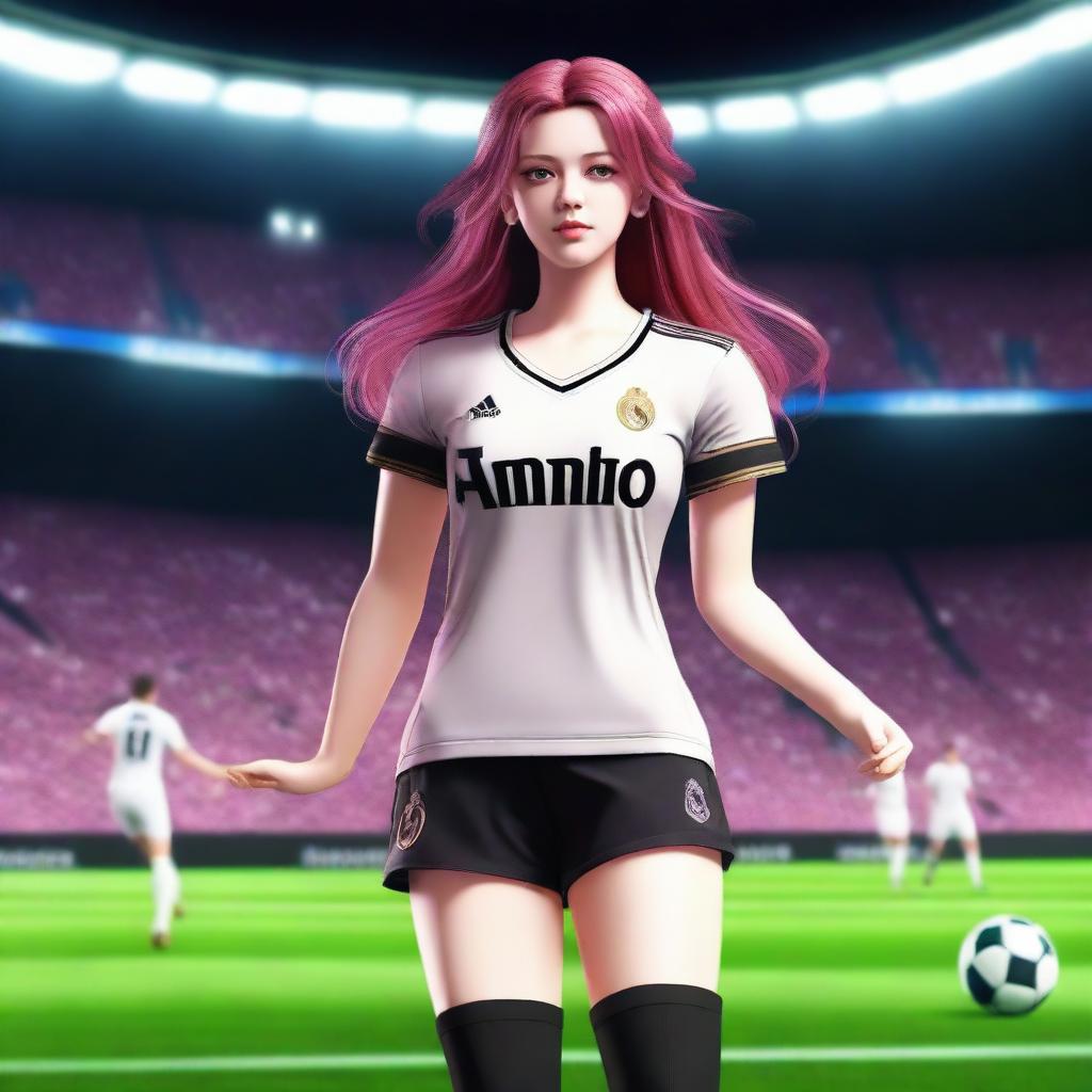 A realistic depiction of Krul Tepes wearing a Real Madrid football jersey and shorts