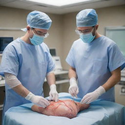 Two vascular surgeons, fully dressed in sterile surgical attire, in a state-of-the-art operating room, meticulously creating an arteriovenous fistula for a hemodialysis patient.