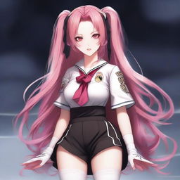 Create an anime-realism style image of Krul Tepes dressed in a Real Madrid uniform, including shorts and a jersey