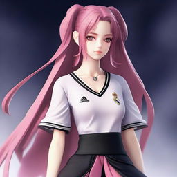 Create an anime-realism style image of Krul Tepes dressed in a Real Madrid uniform, including shorts and a jersey