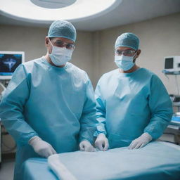 Two vascular surgeons, fully dressed in sterile surgical attire, in a state-of-the-art operating room, meticulously creating an arteriovenous fistula for a hemodialysis patient.