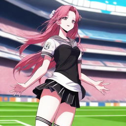 A highly detailed anime-realism illustration of Krul Tepes wearing a Real Madrid uniform, including shorts and a jersey