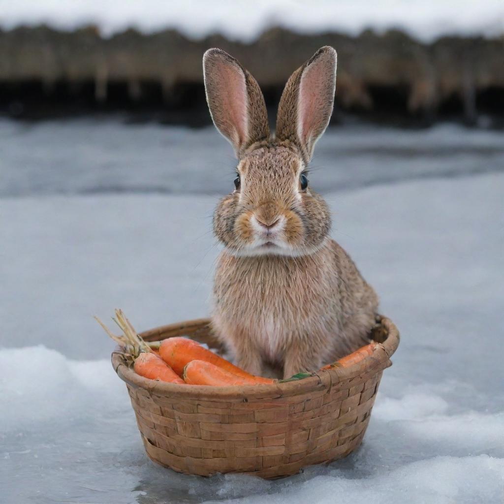 An emotional visual of a bunny, looking distressed at the edge of a frozen river, clutching a basket of carrots. The bunny's expressive eyes and posture evoke a sense of sadness and anxiety.