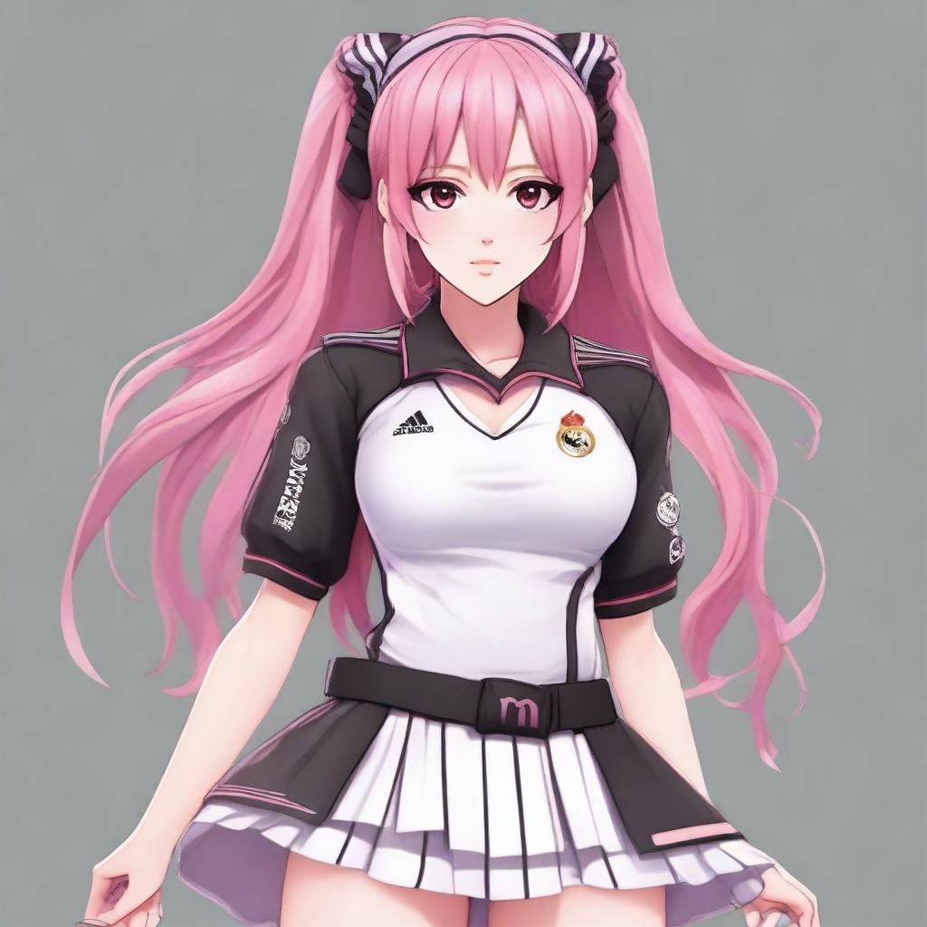 Create an anime-realism style image of Krul Tepes wearing a Real Madrid uniform, including shorts and a t-shirt