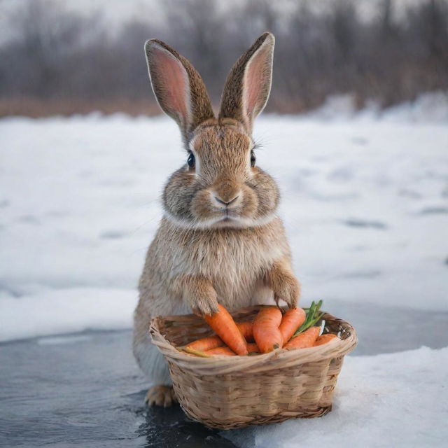 An emotional visual of a bunny, looking distressed at the edge of a frozen river, clutching a basket of carrots. The bunny's expressive eyes and posture evoke a sense of sadness and anxiety.