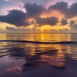 A beautiful sunset with the sun just coming down over the horizon, casting a warm golden glow across the sky and reflecting on a calm ocean