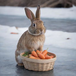 An emotional visual of a bunny, looking distressed at the edge of a frozen river, clutching a basket of carrots. The bunny's expressive eyes and posture evoke a sense of sadness and anxiety.