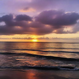 A beautiful sunset with the sun just coming down over the horizon, casting a warm golden glow across the sky and reflecting on a calm ocean