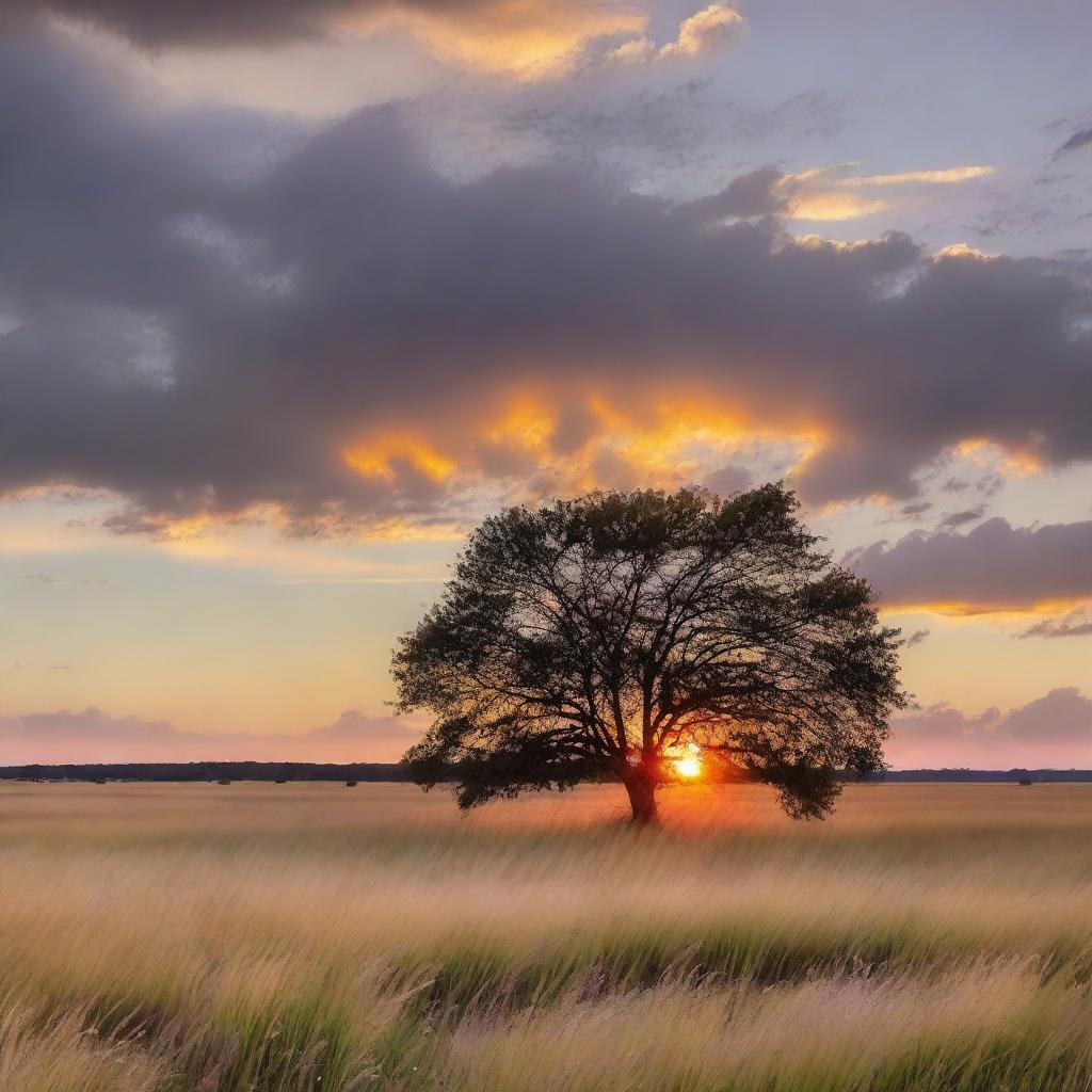 A stunning sunset in the middle of a vast field with the sun just coming down over the horizon