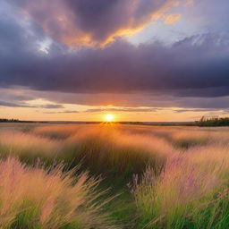 A stunning sunset in the middle of a vast field with the sun just coming down over the horizon