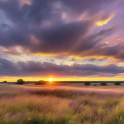 A stunning sunset in the middle of a vast field with the sun just coming down over the horizon