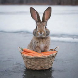 An emotional visual of a bunny, looking distressed at the edge of a frozen river, clutching a basket of carrots. The bunny's expressive eyes and posture evoke a sense of sadness and anxiety.