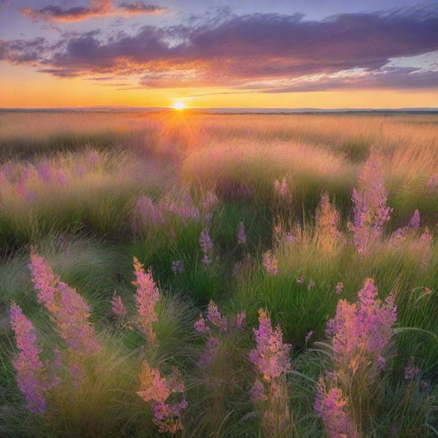 A stunning sunset in the middle of a vast field with the sun just coming down over the horizon