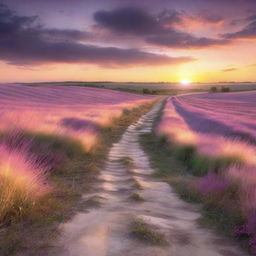 A breathtaking sunset in the middle of a plain field with a winding path leading towards the sun just coming down over the horizon