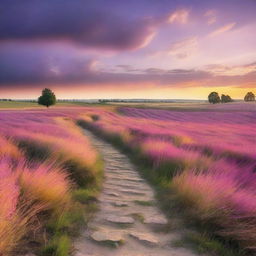 A breathtaking sunset in the middle of a plain field with a winding path leading towards the sun just coming down over the horizon