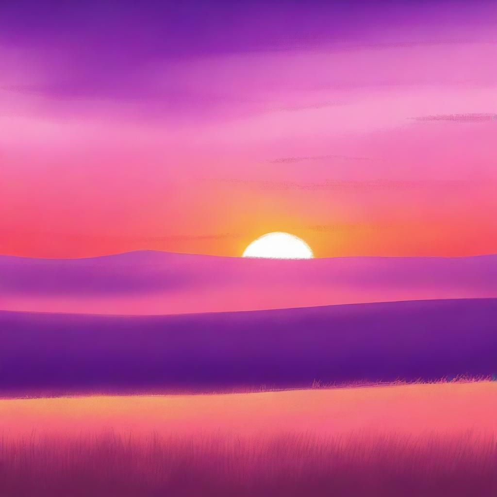 A beautiful sunset in the middle of a vast plain field, with the sky painted in hues of orange, pink, and purple