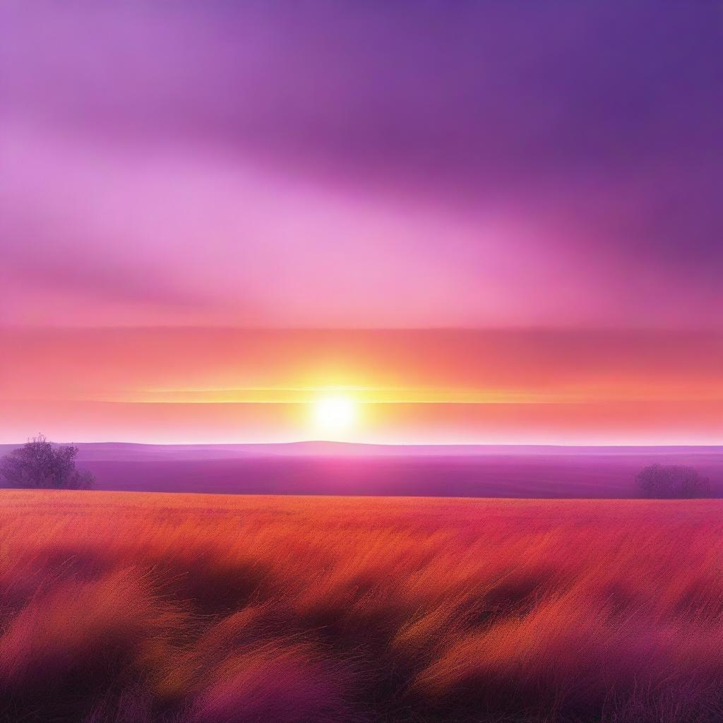 A beautiful sunset in the middle of a vast plain field, with the sky painted in hues of orange, pink, and purple