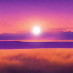 A beautiful sunset in the middle of a vast plain field, with the sky painted in hues of orange, pink, and purple