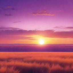 A beautiful sunset in the middle of a vast plain field, with the sky painted in hues of orange, pink, and purple