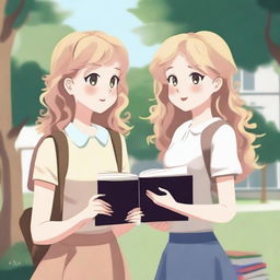 Two girls looking at each other, one with blonde hair and the other with curly hair, both holding books