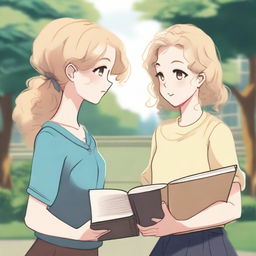 Two girls looking at each other, one with blonde hair and the other with curly hair, both holding books