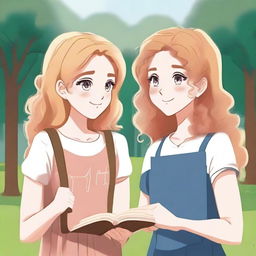 Two girls looking at each other, one with blonde hair and the other with curly hair, both holding books