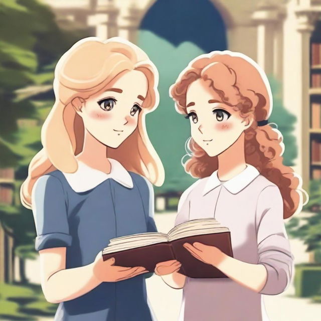 Two girls looking at each other, one with blonde hair and the other with curly hair, both holding books