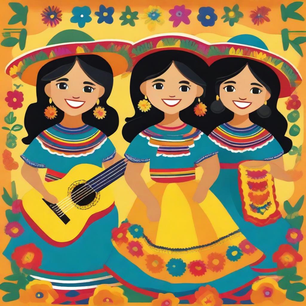 A vibrant and colorful depiction of Mexican girls in traditional attire, celebrating a festive occasion with smiles and joy