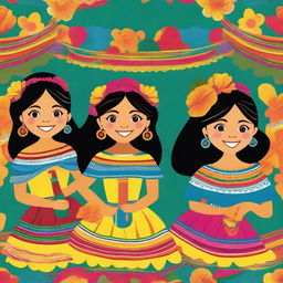 A vibrant and colorful depiction of Mexican girls in traditional attire, celebrating a festive occasion with smiles and joy