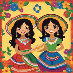 A vibrant and colorful depiction of Mexican girls in traditional attire, celebrating a festive occasion with smiles and joy