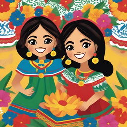 A vibrant and colorful depiction of Mexican girls in traditional attire, celebrating a festive occasion with smiles and joy