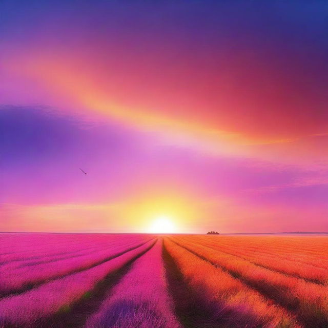 A beautiful sunset in the middle of a vast plain field, with the sky painted in different colors such as orange, pink, purple, and blue