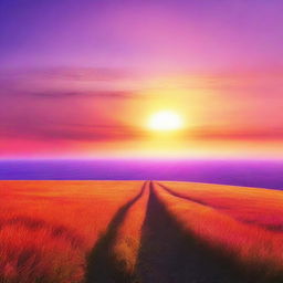 A beautiful sunset in the middle of a vast plain field, with the sky painted in different colors such as orange, pink, purple, and blue