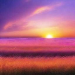 A beautiful sunset in the middle of a vast plain field, with the sky painted in different colors such as orange, pink, purple, and blue