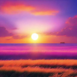 A beautiful sunset in the middle of a vast plain field, with the sky painted in different colors such as orange, pink, purple, and blue