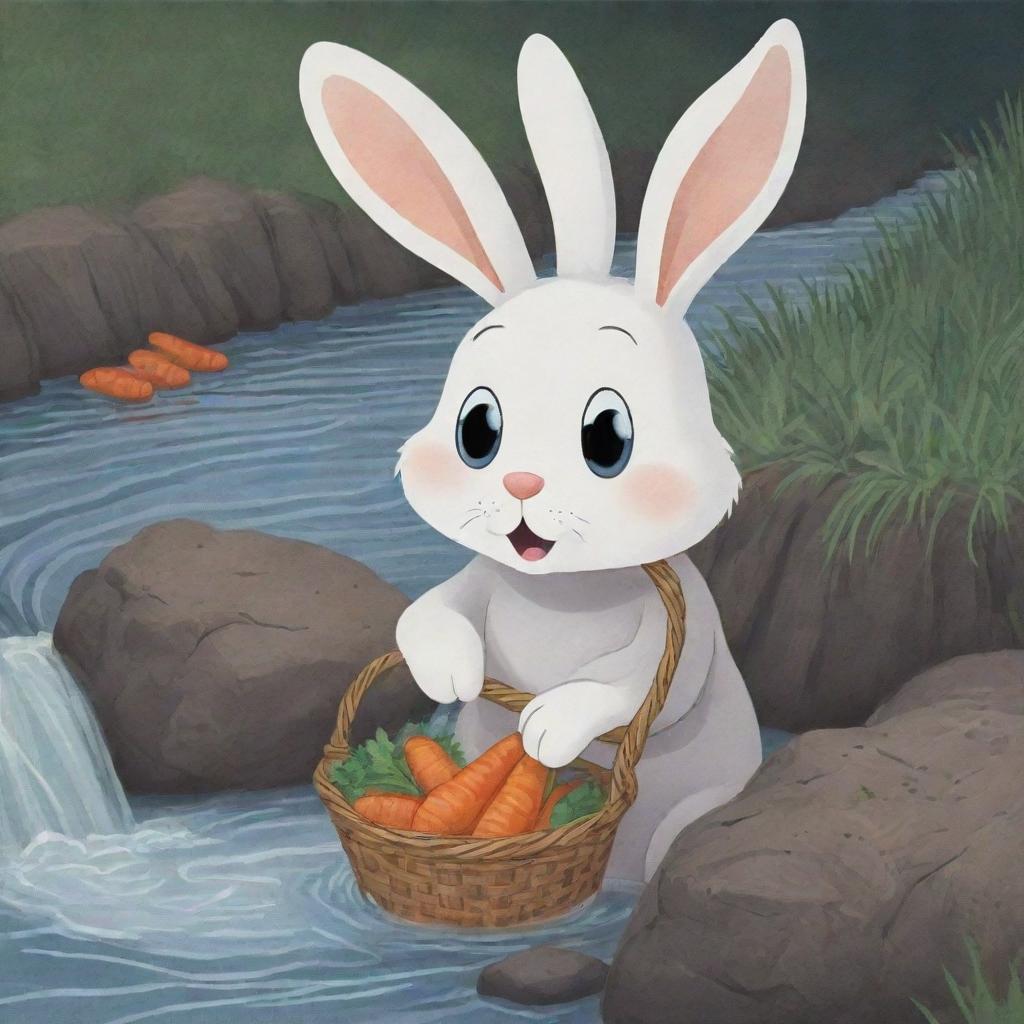 A compelling cartoon image of a distraught bunny by the edge of a frigid river, securely holding onto a basket of carrots. The melancholic expression in its eyes and its panicked posture vividly portray a narrative of distress.