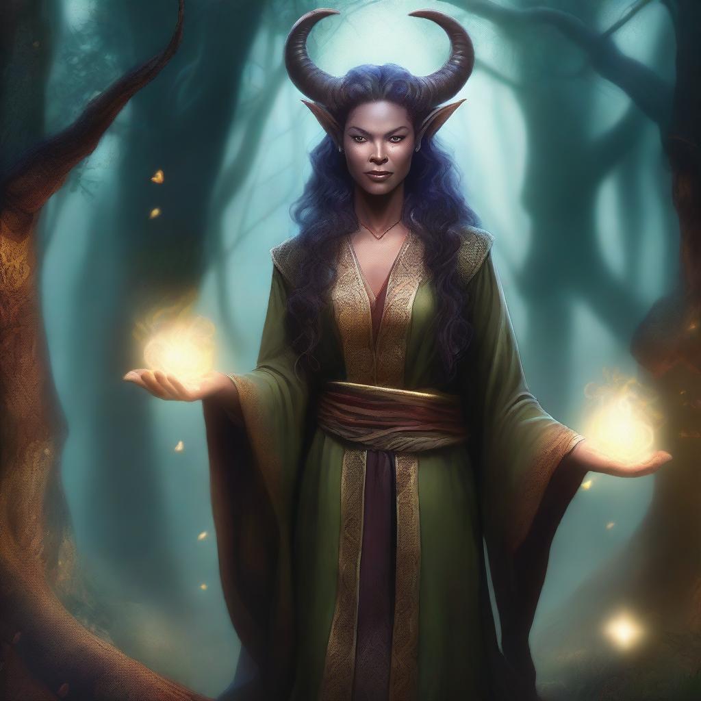 A 55-year-old female tiefling with intricate horns, wearing a long flowing robe