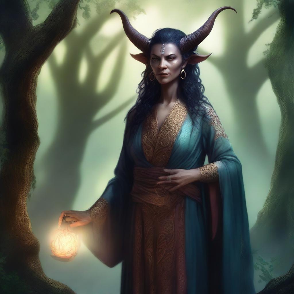 A 55-year-old female tiefling with intricate horns, wearing a long flowing robe