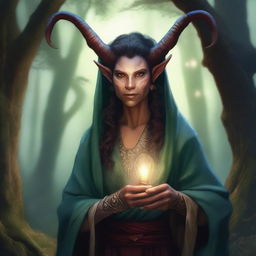 A 55-year-old female tiefling with intricate horns, wearing a long flowing robe