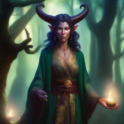 A 55-year-old female tiefling with intricate horns, wearing a long flowing robe