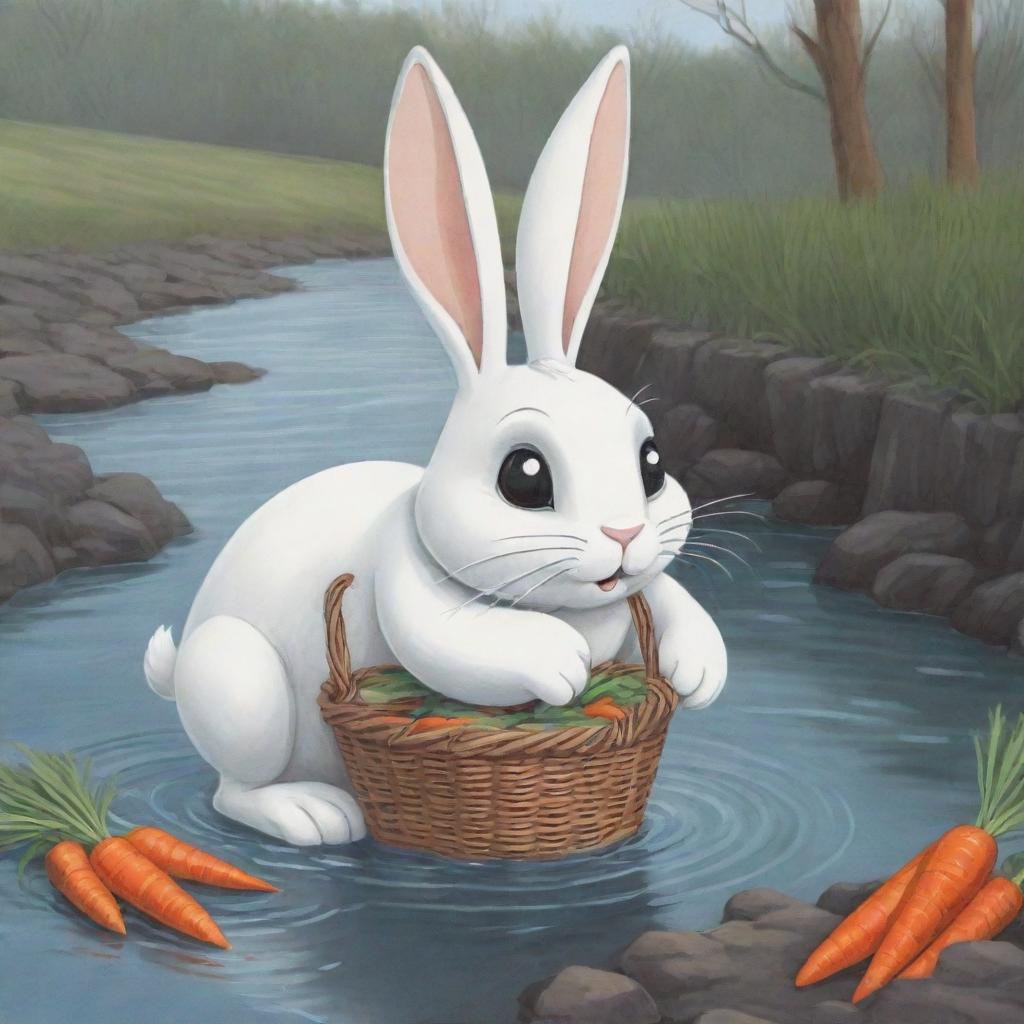 A compelling cartoon image of a distraught bunny by the edge of a frigid river, securely holding onto a basket of carrots. The melancholic expression in its eyes and its panicked posture vividly portray a narrative of distress.