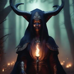 A 55-year-old female tiefling warlock with intricate horns, wearing dark, ornate robes adorned with mystical symbols