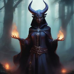 A 55-year-old female tiefling warlock with intricate horns, wearing dark, ornate robes adorned with mystical symbols