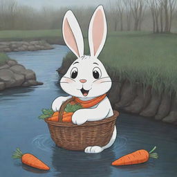 A compelling cartoon image of a distraught bunny by the edge of a frigid river, securely holding onto a basket of carrots. The melancholic expression in its eyes and its panicked posture vividly portray a narrative of distress.