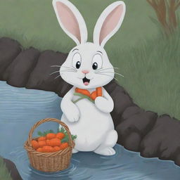 A compelling cartoon image of a distraught bunny by the edge of a frigid river, securely holding onto a basket of carrots. The melancholic expression in its eyes and its panicked posture vividly portray a narrative of distress.